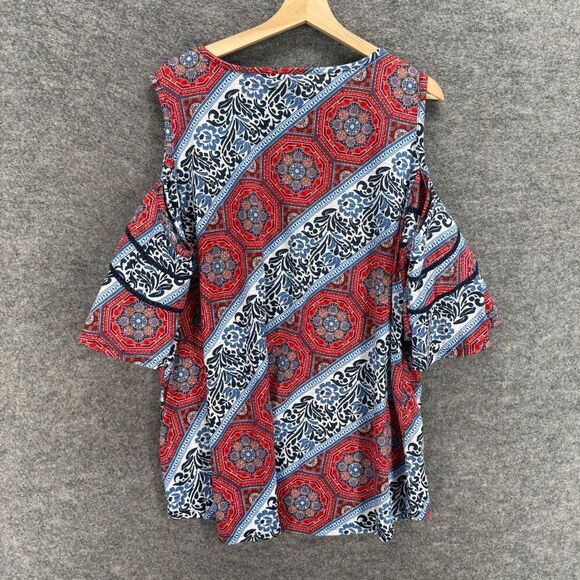 Cato Blouse Women 26/28W Plus Blue Striped Cold Shoulder Short Sleeve V-Neck - Picture 2 of 7